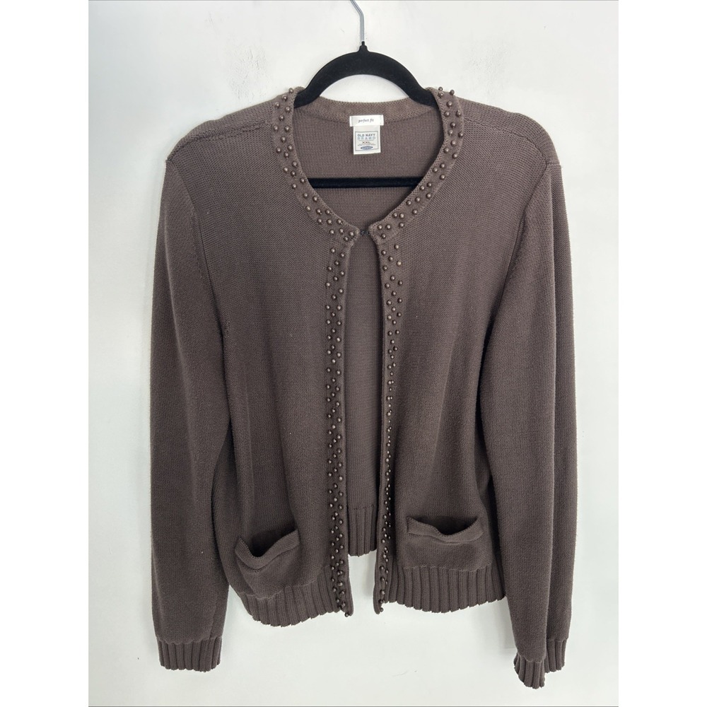 Old Navy Womens Brown Beaded Trim Open Front Cotton Knit Cardigan Sweater Size L